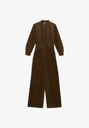 Salopette in corduroy marrone con maniche lunghe, colletto arricciato, bottoni frontali e gambe larghe. Il tessuto ha una finitura morbida e testurizzata.
