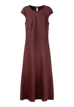 Robe midi sans manches de couleur bordeaux foncé avec un col rond et une petite fermeture par bouton au dos. Tissu simple et lisse avec une silhouette en A.