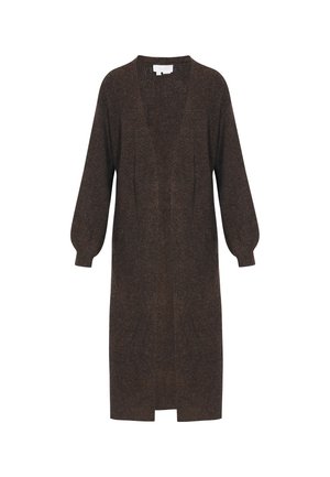 Ruskea, pitkähihainen neulecardigan, joka on valmistettu teksturoidusta neuloksesta ja jossa on syvä V-kaula-aukko sekä auki oleva etuosa, jossa on gathered-yksityiskohtia hihoissa.