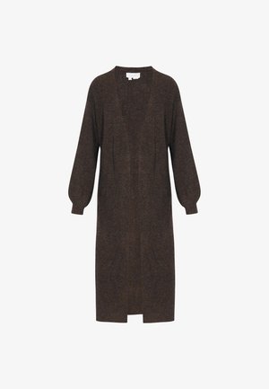 Brun, langærmet cardigan lavet af struktureret strikstof, med dyb V-udskæring og åben frontdesign med samlinger ved ærmerne.