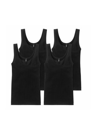 Vier schwarze ärmellose Tanktops mit Rundhalsausschnitt und dezentem Spitzenbesatz an der Brust, in zwei Reihen auf weißem Hintergrund angeordnet.