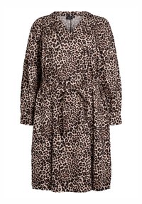 Mouwloze, knielange jurk met luipaardprint, V-hals en bijpassende stoffen riem die om de taille is geknoopt.