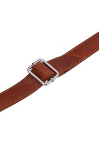 Brown leather belt with a square silver metal buckle; features a smooth texture and contrast stitching along the edges.