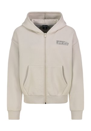 Hellbeiger Kapuzenpullover mit Reißverschluss, Fronttaschen, Kapuze, gerippten Bündchen und Saum sowie kleinem bedrucktem Text auf der linken Brust.