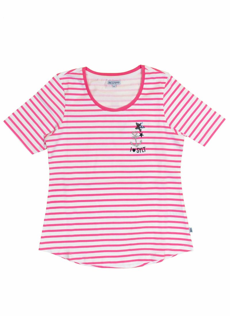 Gestreepte T-shirt met korte mouwen, in roze en witte strepen, met een ronde hals en een geborduurd ontwerp met een anker en de tekst "I ♥ SYLT."