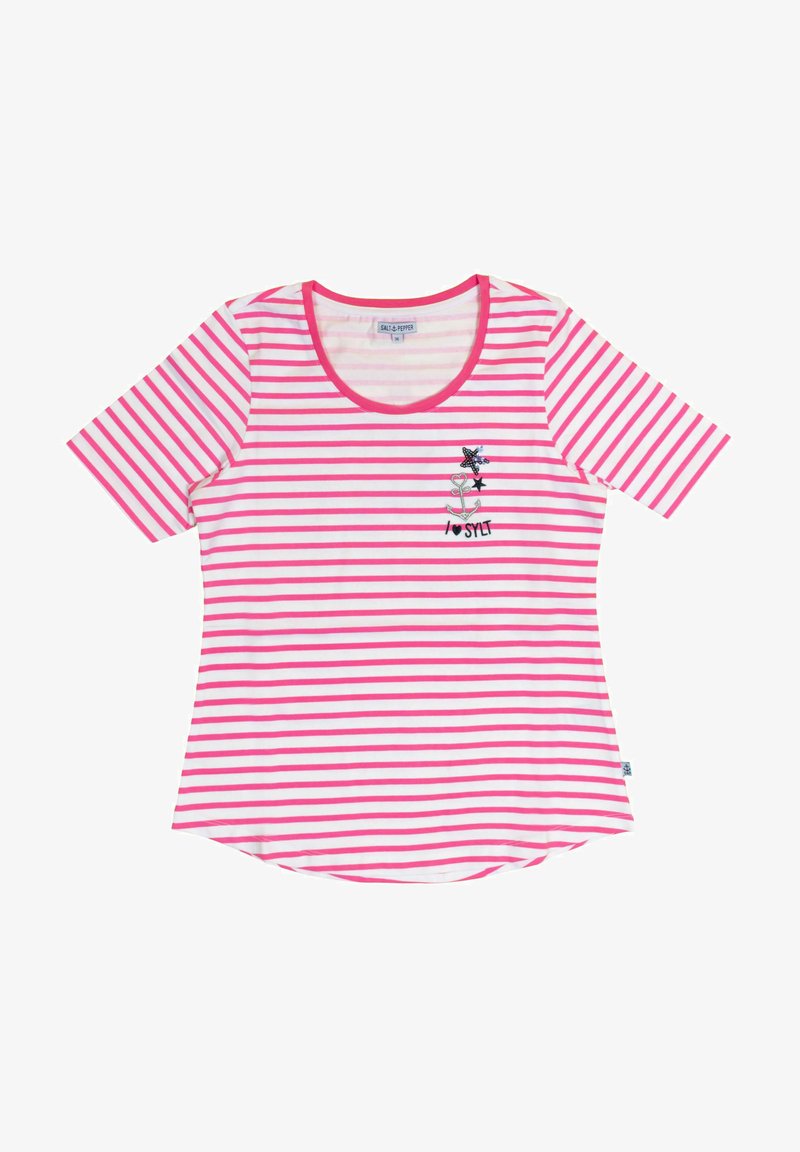 Gestreepte T-shirt met korte mouwen, in roze en witte strepen, met een ronde hals en een geborduurd ontwerp met een anker en de tekst "I ♥ SYLT."