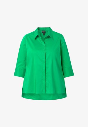 Groen button-up shirt met een puntkraag, driekwart mouwen en een relaxte pasvorm. Gemaakt van een gladde stof met zijsplitten aan de zoom.