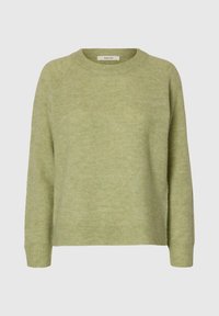 Hellgrüner Pullover aus weichem, strukturiertem Stoff. Mit rundem Ausschnitt, Raglanärmeln und Rippbündchen. Keine sichtbaren Muster oder Beschläge.