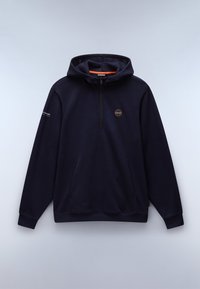 Felpa blu navy realizzata in tessuto morbido, con zip a metà davanti, tasche laterali e logo ricamato sul petto.