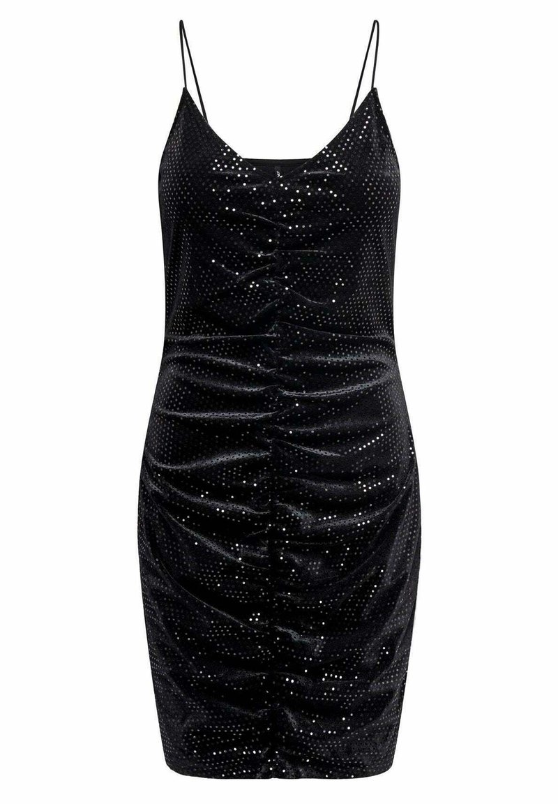 Robe mini en velours noir avec fines bretelles, devant froncé et détails de sequins argentés dispersés.