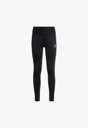 Schwarze Leggings aus dehnbarem, glattem Stoff. Hoher Bund für sicheren Halt. Kleines weißes Logo auf der linken Seite in Hüfthöhe.