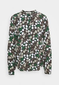 Camicia a maniche lunghe con bottone, sfondo nero, decorata con fiori bianchi e verdi. Maniche lunghe con polsini arricciati e scollatura rotonda.