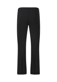 Black pants with a smooth texture, featuring a straight leg design and side zippers at the ankles for adjustable fit.