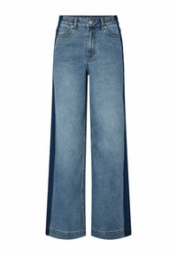 Jeans de pierna ancha hechos de denim azul claro, con un panel lateral oscuro, diseño estándar de cinco bolsillos y un clásico cierre de botones y cremalleras.