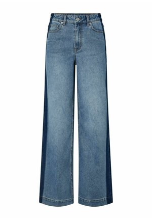 Široké džínsy vyrobené z světle modrého denim, s tmavým bočním panelem, standardním pětipocket designem a klasickým zapínáním na knoflík a zip.