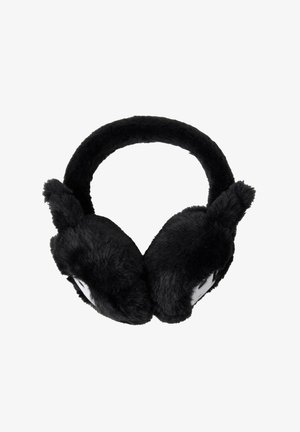 Sorte plys-ørevarmere med runde øre dæk, der har cartoony øjne og små ører på toppen. Blød tekstur, bred hovedbånd og en fantasifuld design.