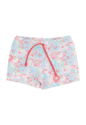 Bañador corto para niño con estampado floral en tonos pastel rosa, azul y blanco, con cintura ajustable rosa.
