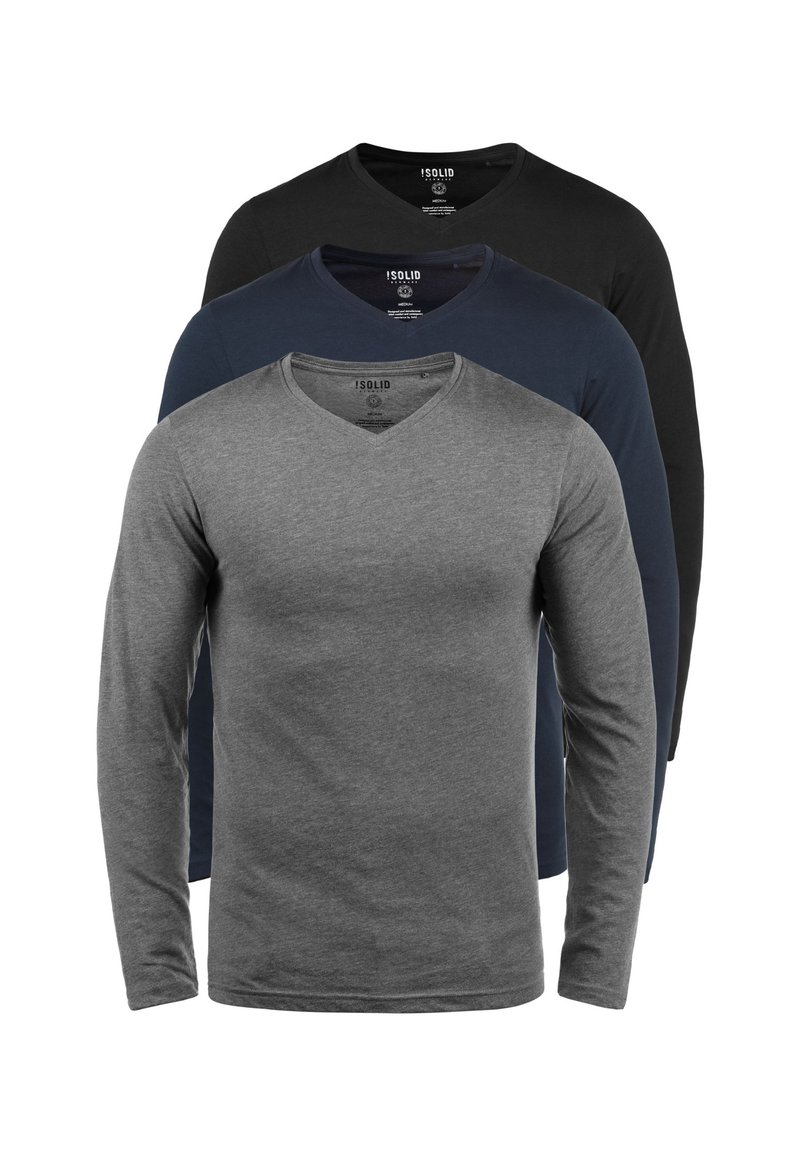 Drie V-hals shirts met lange mouwen in grijs, marineblauw en zwart. Gemaakt van katoen, met een gladde textuur en subtiele stiksel details.