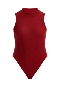 Punainen hihaton bodysuit korkean kauluksen kanssa, valmistettu kimaltelevasta kankaasta; sisältää tiukan muotoilun ja korkeakatsoisen lahkeen, joka luo virtaviivaisen muodon.
