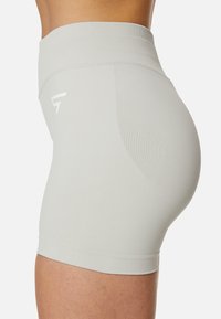 Pantalones cortos atléticos de talle alto en color gris, hechos de una tela elástica, con una textura suave y un pequeño logo en el lateral.