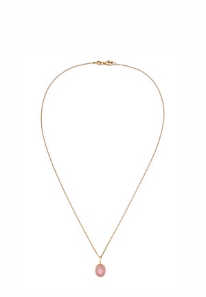 Goldene Kettenhalskette mit einem ovalen rosafarbenen Steinanhänger. Die Kette ist filigran und glatt, während der Stein eine glänzende Oberfläche hat.