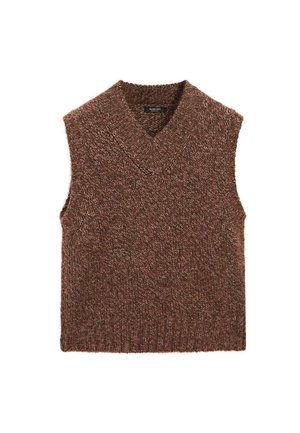 Brown, sleeveless knit vest with a V-neck. Textured fabric featuring a blend of fibers, with ribbed edges at the neckline and hem.