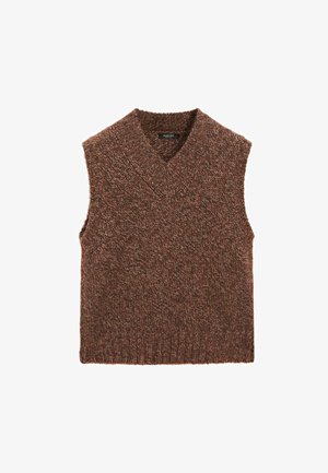 Brown, sleeveless knit vest with a V-neck. Textured fabric featuring a blend of fibers, with ribbed edges at the neckline and hem.