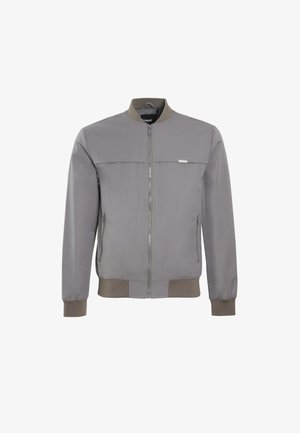 Gray bomber jacket with a front zipper, ribbed collar and cuffs, two side pockets, smooth texture, and a subtle logo accent on the chest.