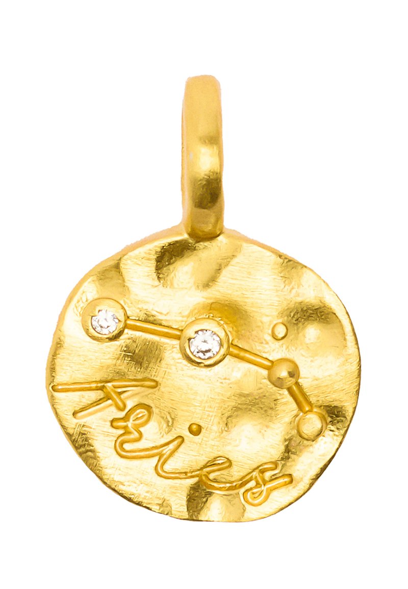 Złoty okrągły wisiorek o młotkowanej fakturze, z dwoma małymi kamieniami szlachetnymi i słowem "Baran" wygrawerowanym w płynnej czcionce.