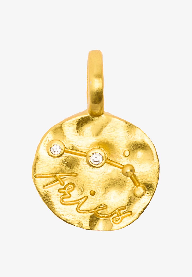 Złoty okrągły wisiorek o młotkowanej fakturze, z dwoma małymi kamieniami szlachetnymi i słowem "Baran" wygrawerowanym w płynnej czcionce.