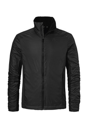 Schwarze Jacke mit schlankem, leichtem Design, durchgehendem Reißverschluss, elastischen Bündchen und zwei Seitentaschen. Gefüttert mit weichem, strukturiertem Stoff.