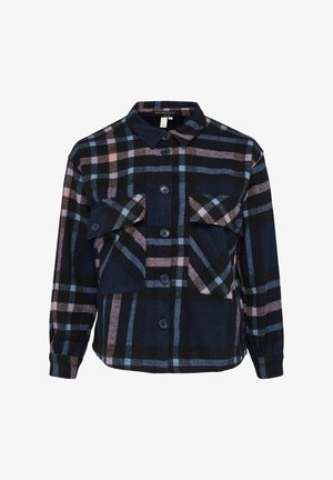 Checkered flannel shirt in navy, pink, and black. Features a collar, two chest pockets, and button closures. Soft texture and long sleeves.