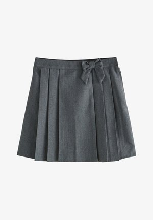 Grå plisseret nederdel med bånddetalje i taljen, knælængde, og lavet af tekstureret stof.