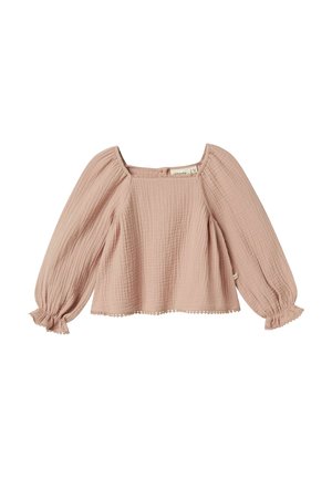 Pink textured blouse with long puff sleeves, square neckline, and ruffled cuffs. Features a slightly loose fit and decorative hem.
