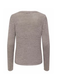 Pull long, gris clair en maille. Présente un col rond simple et des bords côtelés aux poignets et à l'ourlet. Aspect texturé.