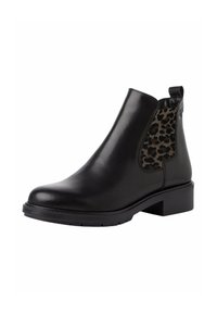 Stivale alla caviglia in pelle nera con un pannello laterale in stampa leopardata testurizzata, punta tonda e tacco basso a blocco. Presenta una linguetta sul retro.
