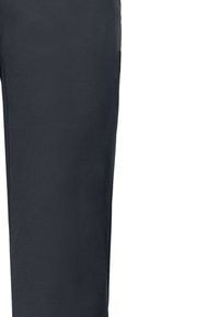 Donkergrijze broek van een gladde stof, met een zijzak en een recht gesneden pijp. Geen patronen of zichtbare hardwaredetails.