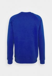 Blå sweatshirt med rund halsringning, tillverkad av texturerat tyg, med långa raglanärmar och ribbstickade manschetter, samt en enkel design på baksidan.