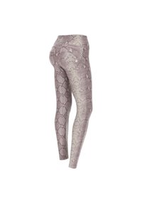 Leggings a vita alta con motivo a pelle di serpente in tonalità di viola chiaro e beige, con un piccolo logo sulla tasca posteriore. Tessuto morbido.