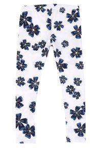 Leggings blancs avec un motif floral comprenant des fleurs bleues et des contours noirs. Taille élastique ; tissu en coton doux et extensible.