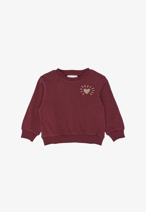 Sweat-shirt bordeaux à manches longues pour tout-petit avec poignets et ourlet côtelés, avec un petit motif cœur pailleté doré sur la poitrine.