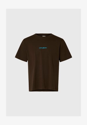 Dark brown short-sleeve T-shirt with small bright blue "Hotel Amour" text printed at center front.
