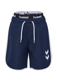 Marina blå badshorts i lättviktsmaterial, med vita sidopaneler och dragsko i midjan. Inkluderar märkeselastik i svart.