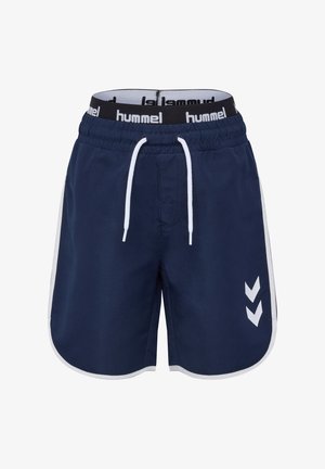 Marineblaue Badeshorts aus leichtem Material, mit weißen Seitenpanele und einem Kordelzugbund. Enthält ein schwarzes elastisches Band mit Logo.