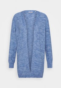Ljusblå cardigan i texturerad stickad tyg. Den har en lös passform, öppen front och långa ärmar. Inga knäppningar eller mönster.