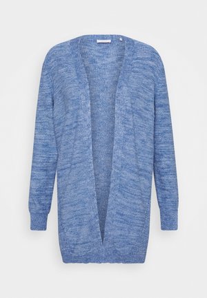 Cardigan azzurro chiaro realizzato in tessuto a maglia testurizzato. Presenta una vestibilità morbida, apertura frontale e maniche lunghe. Senza chiusure né motivi.