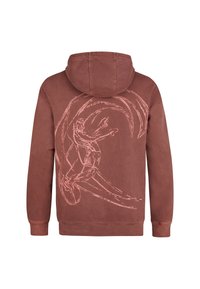 Roestkleurige hoodie met een grote roze afbeelding van een surfer op de achterkant. Zachte textuur met ribgebreide manchetten en onderrand.