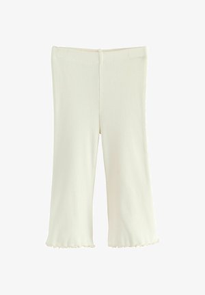 Ribotu kreminiai leggingai su laisvu silhouette, su platėjančiu apatiniu kraštu, elastinga juosmeniu ir minkšta, tekstūruota medžiaga.