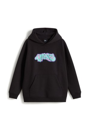 Sudadera negra con capucha, bolsillo frontal tipo canguro y logo colorido de Vans en letras estilo burbuja centrado en el pecho.