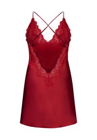 Κόκκινο σατέν φόρεμα με δανδέλα, με βαθιά ντεκολτέ και διασταυρούμενους ιμάντες. Λείο υλικό με λεπτομερείς δαντελένιες διακοσμήσεις.